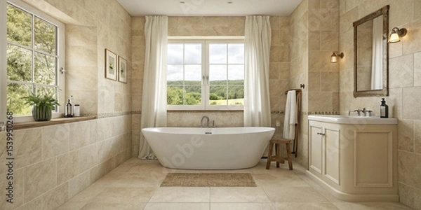 Obraz A beige bathroom interior with a tub, a luxurious and serene space for relaxation and self-care