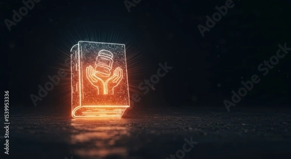 Fototapeta Glowing Book with Hands Holding a Jar: Digital Art, Abstract Concept of Knowledge and Preservation