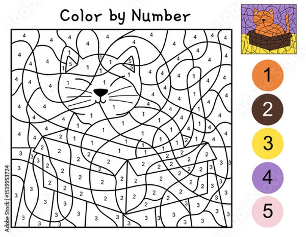 Fototapeta Color by number activity page for kids with a cute cat in a box. Funny feline character puzzle game for school and preschool. Vector illustration