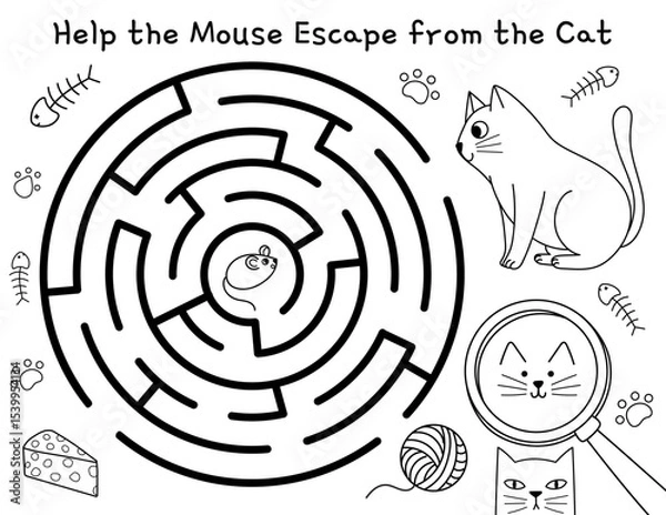 Fototapeta Help the mouse escape from the cat maze game for kids. Activity page with a cute feline character. Vector illustration