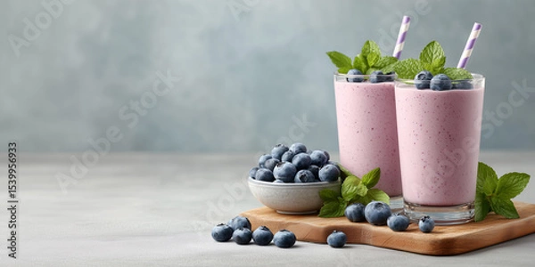 Fototapeta Blueberry Bliss: A vibrant and inviting composition featuring two glasses of refreshing blueberry smoothies, adorned with fresh mint leaves and charming striped straws.