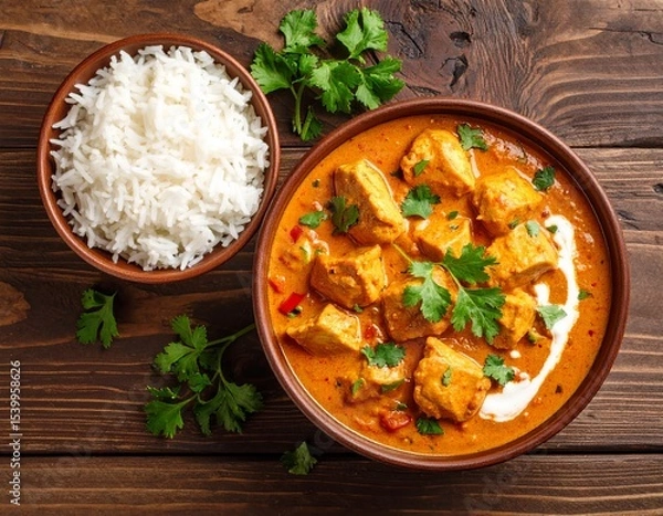 Obraz Butter chicken curry featuring tender chicken breast pieces simmered in a creamy, buttery tomato-based sauce with a hint of honey. Garnished with fresh coriander and a swirl of cream, served in a bowl