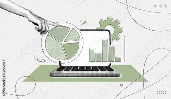 Fototapeta Trendy Halftone Collage Computer laptop with financial analytics. Pieces of pie chart. Business data and market share concept. Finance graph. Investment strategy. Contemporary vector illustration art