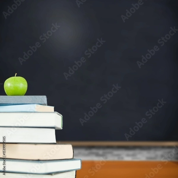 Obraz Green apple on pile of books in classroom