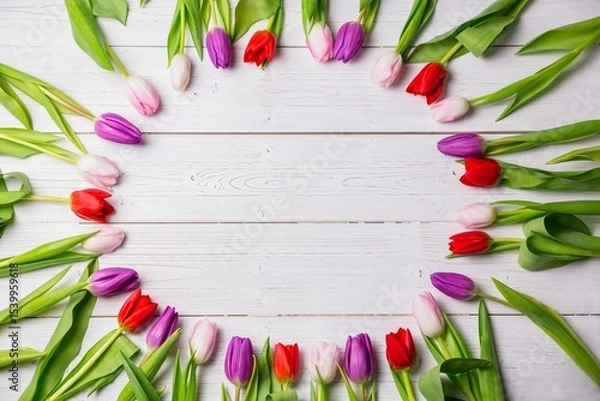 Obraz Flat design multicolored tulip flower ring with leaves is being shown on white plank, copy space