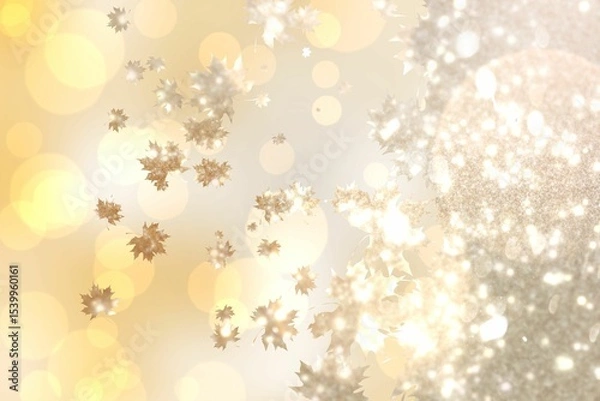 Fototapeta Metallic golden maple leaf shapes drifting through bokeh orbs and glittering texture in vector art