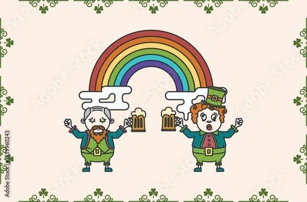 Fototapeta Image of st patrick's day leprechauns over rainbow on beige background