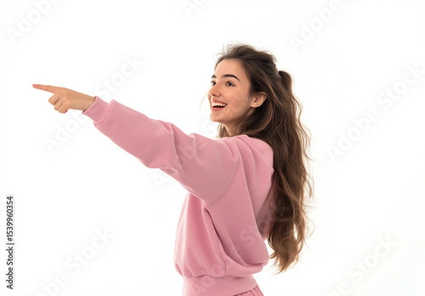 Fototapeta Smiling Young Woman in Pink Hoodie and Sweatpants Pointing to the Side – Studio Portrait with Copy Space for Advertising, Marketing, or Promotional Content
