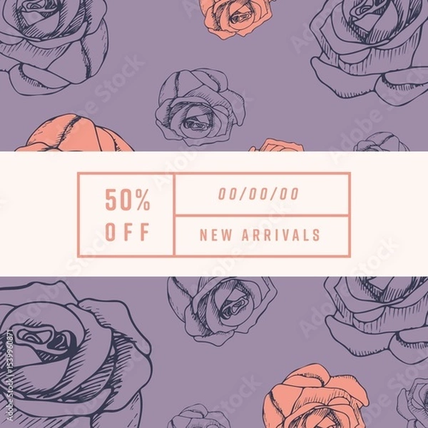 Obraz Image of 50 percent off new arrivals text with roses on purple background