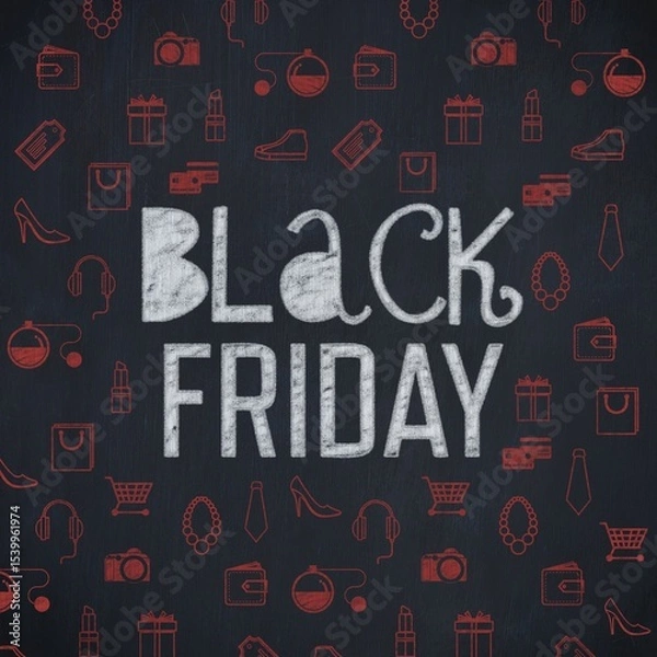 Obraz Flat design is showing white chalk-style Black Friday on dark slate board with red shopping icons