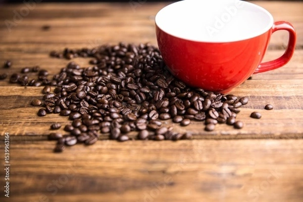 Fototapeta Flat design red ceramic mug is sitting on wooden tabletop with scattered coffee beans in foreground
