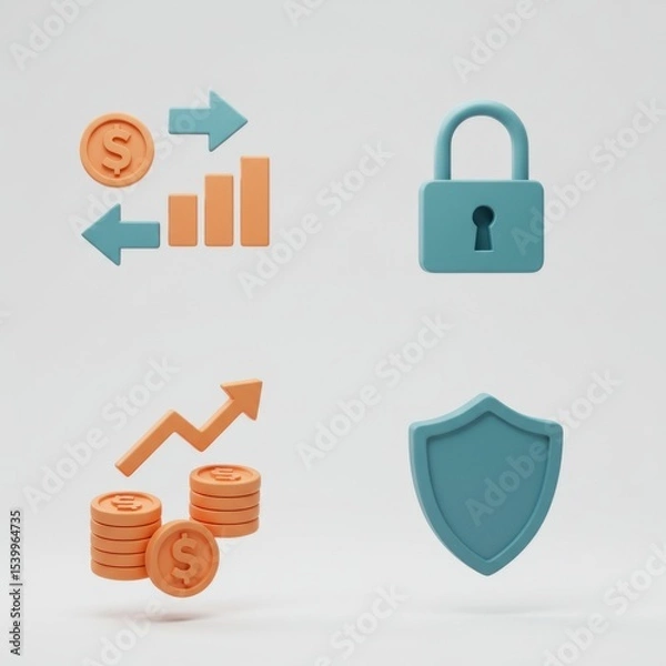 Fototapeta Financial growth symbols with coins, graphs, lock, and shield icons  