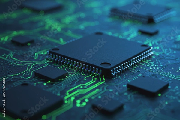 Obraz High-resolution close-up of a circuit board showcasing microchips and intricate connections in vibrant green light. Generative AI