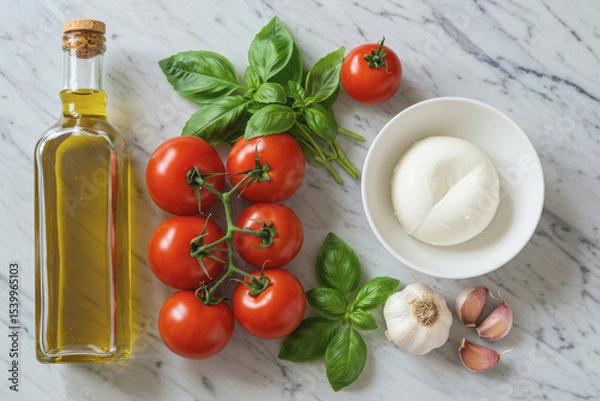 Obraz Fresh ingredients for a classic Italian salad featuring tomatoes, basil, and mozzarella on a marble countertop. Generative AI