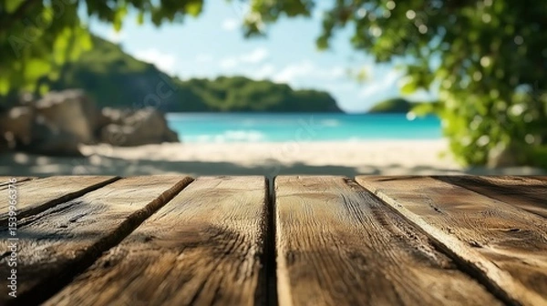 Fototapeta Summer vibes of Empty rustic wooden table sets the scene for a breathtaking tropical beach background. An ideal paradise background for summer product displays, vacation mockups, travel promotions.