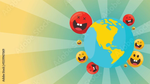Fototapeta World surrounded by multiple expressive emoji faces in orbit formation