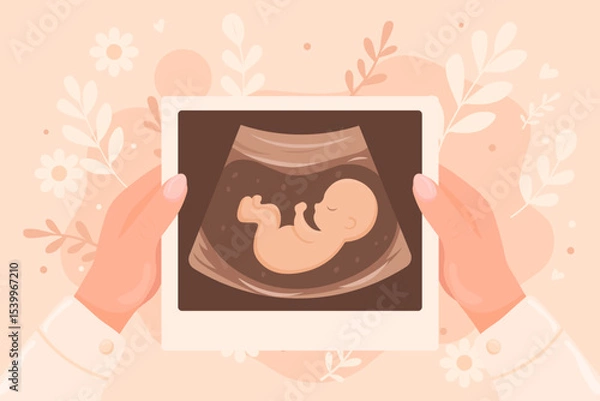 Obraz Vector cartoon image of pregnancy confirmation in girl's hands. Desired pregnancy. Ultrasound image. Concept of motherhood and children. Element for your design