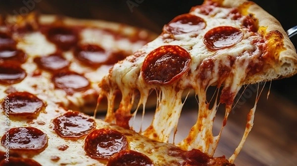 Fototapeta A slice of pepperoni pizza, hot from the oven, with crispy crust and bubbling cheese.