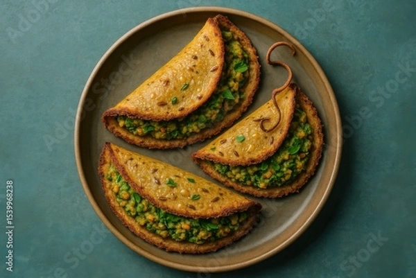Obraz Millet Wrap Halves with Fennel Fiber Crust and Green Herb Filling on Plate

