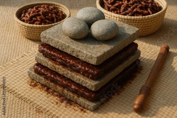 Obraz Tamarind Press Stack with Flat Stones and Dry Fruit Layers on Woven Mat Background

