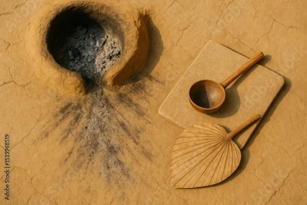 Obraz Ash-Fired Earthen Stove Pit with Wooden Ladle and Palm Leaf Fan on Clay Floor

