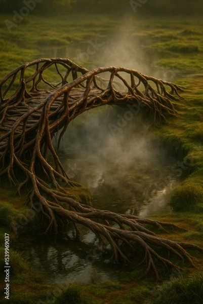 Obraz Root Bridge Arch Floating Above Vapored Sinkhole in Mossy Marsh Landscape

