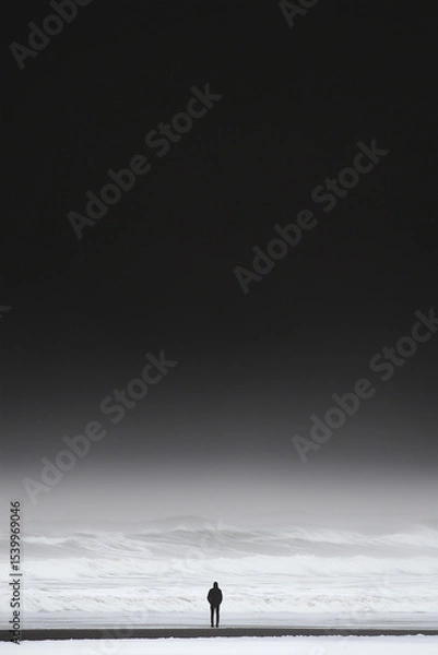 Obraz Solitary Figure Standing by the Vast Beach Under a Dark Sky