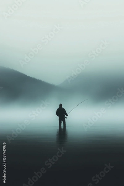Obraz Silhouette of a Fly Fisherman Standing in a Misty River Morning