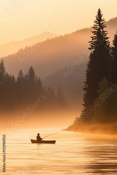 Obraz A Serene Morning Fisherman on a Misty Forest-Lined River