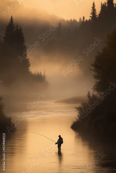 Obraz Fly Fisherman Standing in a Misty River at Sunrise