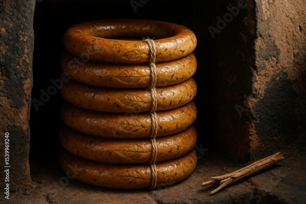 Obraz Cooling Ring Tower Bound with Husk Rope Stored in Clay Kiln Recess beside Sticks

