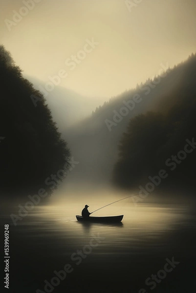 Obraz Silhouetted Fisherman Fly Fishing on a Misty River Surrounded by Forested Hills