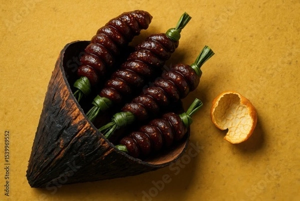 Obraz Tamarind Fritters Wrapped in Leaf Twists Served in Scorched Husk Cone on Yellow Background

