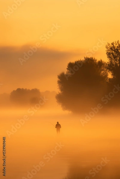 Obraz Man Fly Fishing in a Misty River Landscape at Golden Sunrise