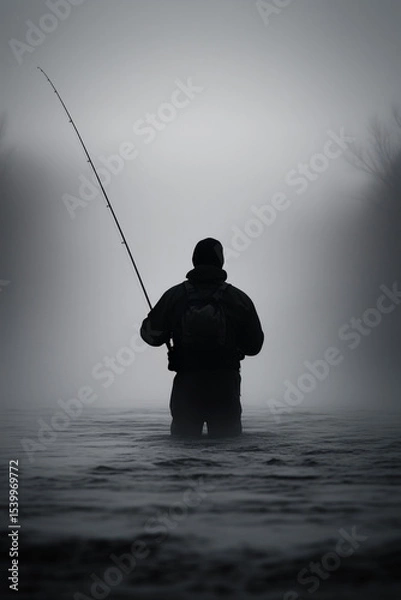 Obraz Man Fishing in Misty River at Early Dawn in Serene Ambiance