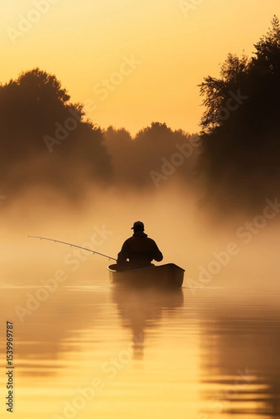 Obraz A Lone Fisherman Fishing On A Serene Misty River During Sunrise