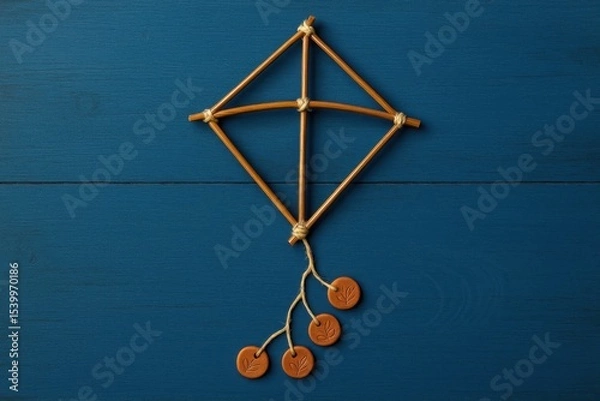Obraz Palm Thread Kite Frame with Clay Tail Rings on Blue Wooden Background

