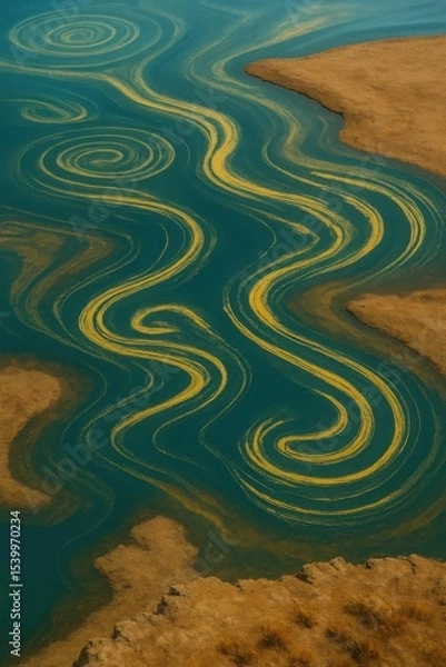Obraz Wavy Pollen Trails on Blue Estuary Water with Swirl Motions near Dry Coastal Edges

