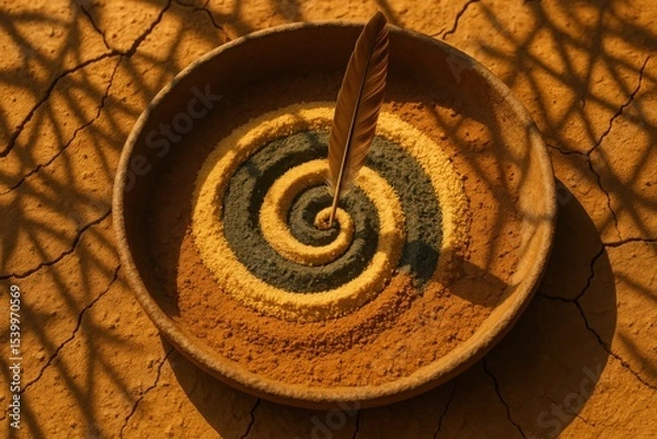 Obraz Earth Spiral with Upright Feather Centered in Clay Basin on Cracked Sunlit Floor

