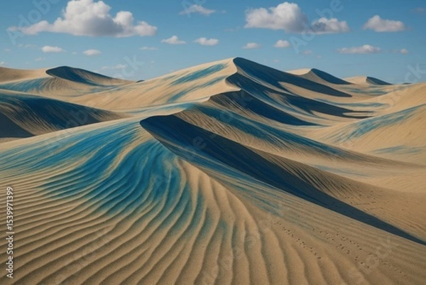 Obraz Wind-Shaped Desert Dunes with Sapphire Sand Tints and Ripple Texture under Clouded Sky

