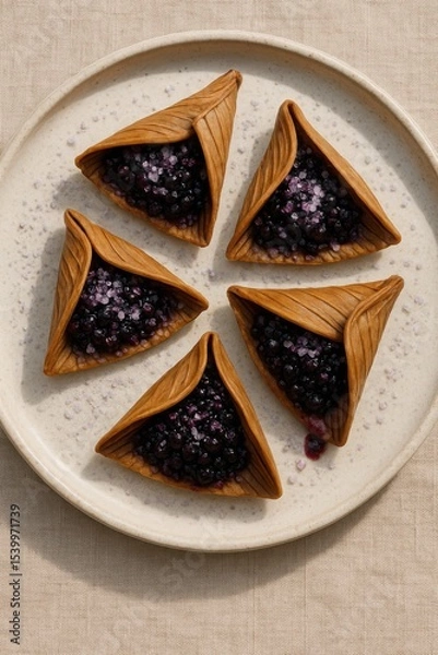 Obraz Bark-Folded Pastries with Wild Berry Filling Arranged on White Plate for Serving

