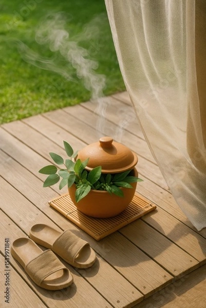 Obraz Herbal Steam Pot with Leaves on Wooden Deck beside Sandals and Flowing Curtain

