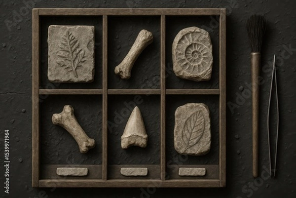 Obraz Labeled Fossil Set with Spiral Leaf Tooth and Bones in Display Tray with Excavation Tools

