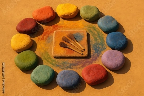 Obraz Color Stone Ring on Yellow Sand with Brush Trio and Dyed Center Slab for Mixing


