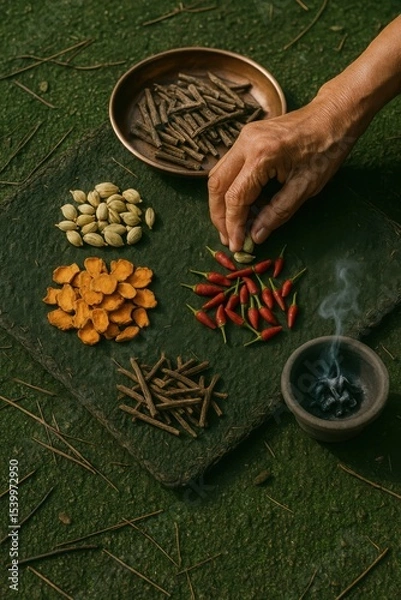 Obraz Spice Assortment with Red Chilies and Hand Selection on Green Mat beside Smoke Pot

