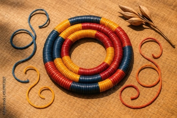 Obraz Triple Thread Coil Ring in Red Yellow Blue Layers with Spiral Strings and Dry Pods

