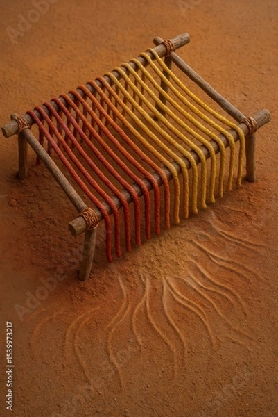 Obraz Color-Twined Cords in Rack Displayed on Sandy Base with Wave Imprint Strokes

