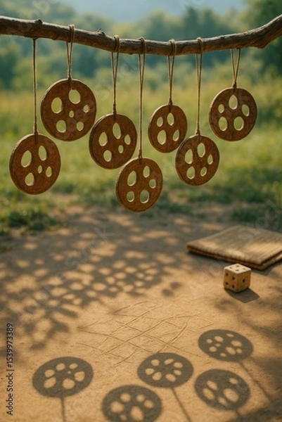 Obraz Hanging Bark Discs Casting Shadow Circles on Sand with Dice and Folded Mat Nearby


