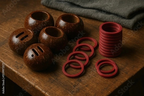 Obraz Coconut Shell Halves and Red Circular Rings Arranged on Wooden Craft Table

