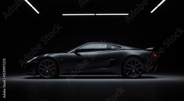Fototapeta Sleek black sports car profile, illuminated by stark overhead lighting in a dark studio.